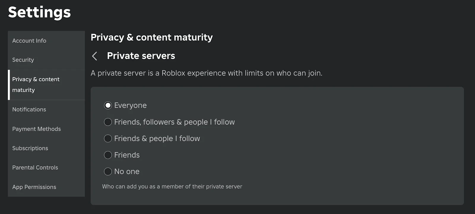 Roblox Private Server Privacy Settings Example
