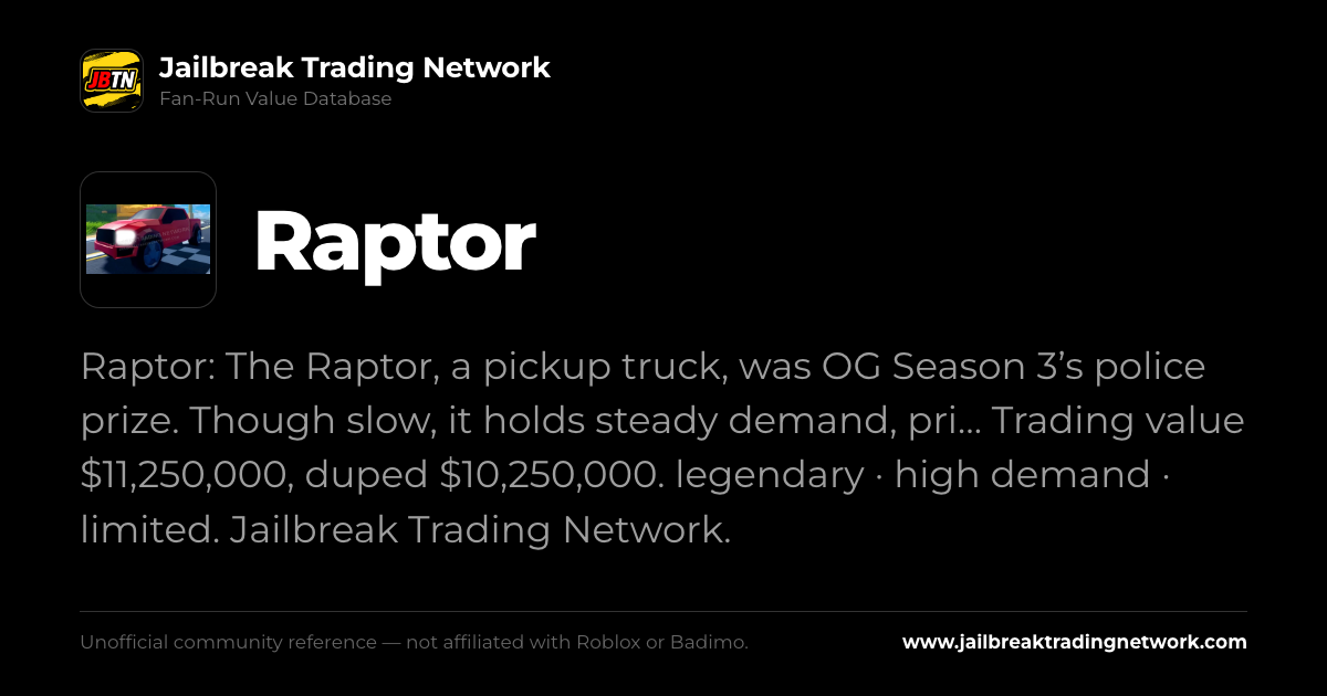 Raptor | Roblox Jailbreak Trading Network Value List